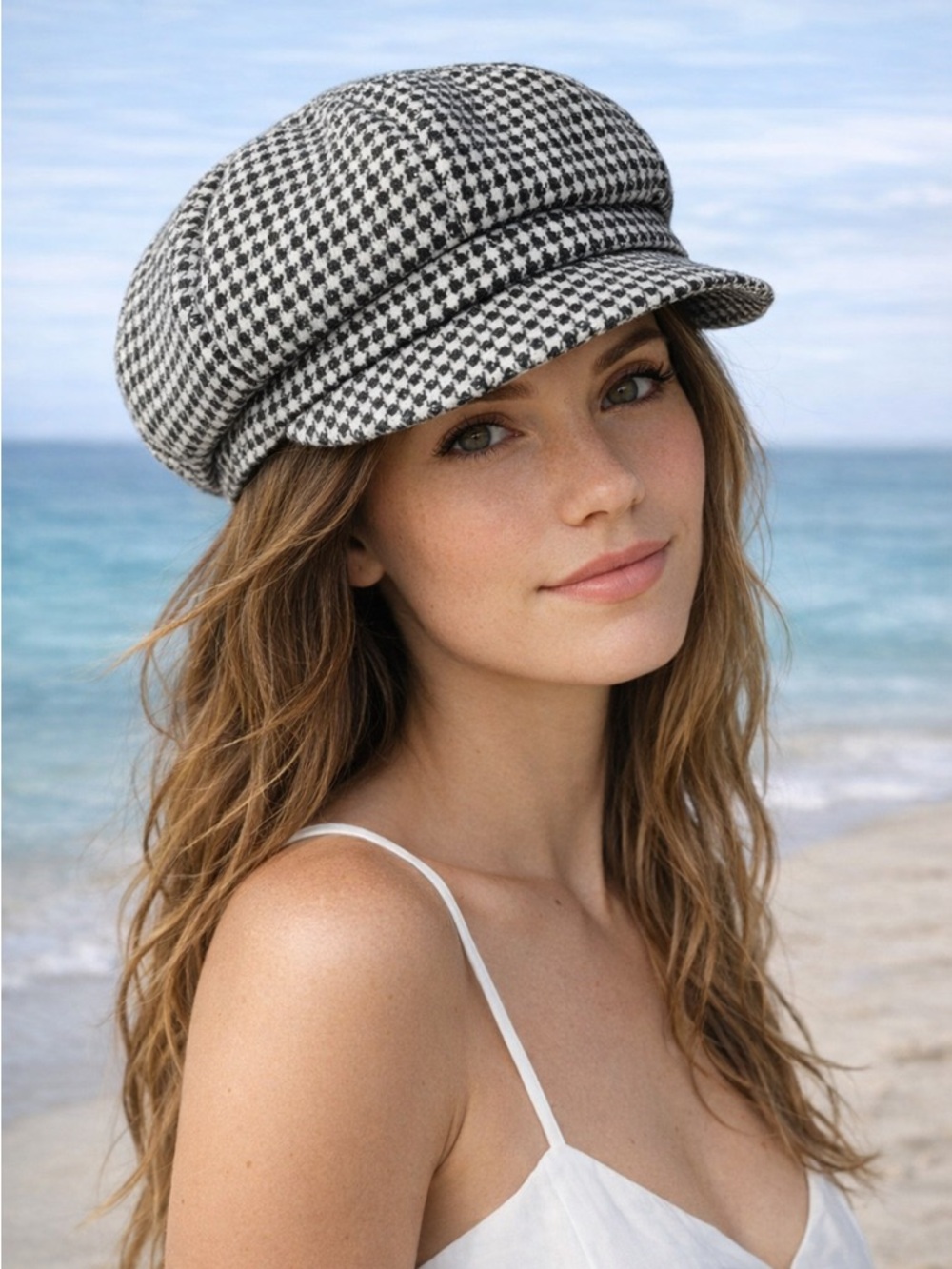 David & Young Houndstooth Newsboy Cap Black White Baker Boy Hat Classic Chic